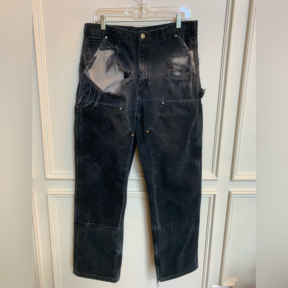 SOLD Vintage Black Carhartt Double Knee Thrashed Highly Distressed Made in USA